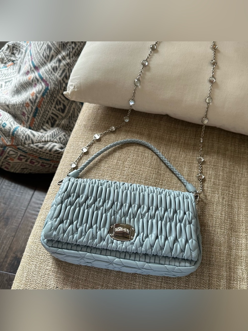 Miu Miu Light Blue Matelassé Leather Crystal Chain Flap Bag